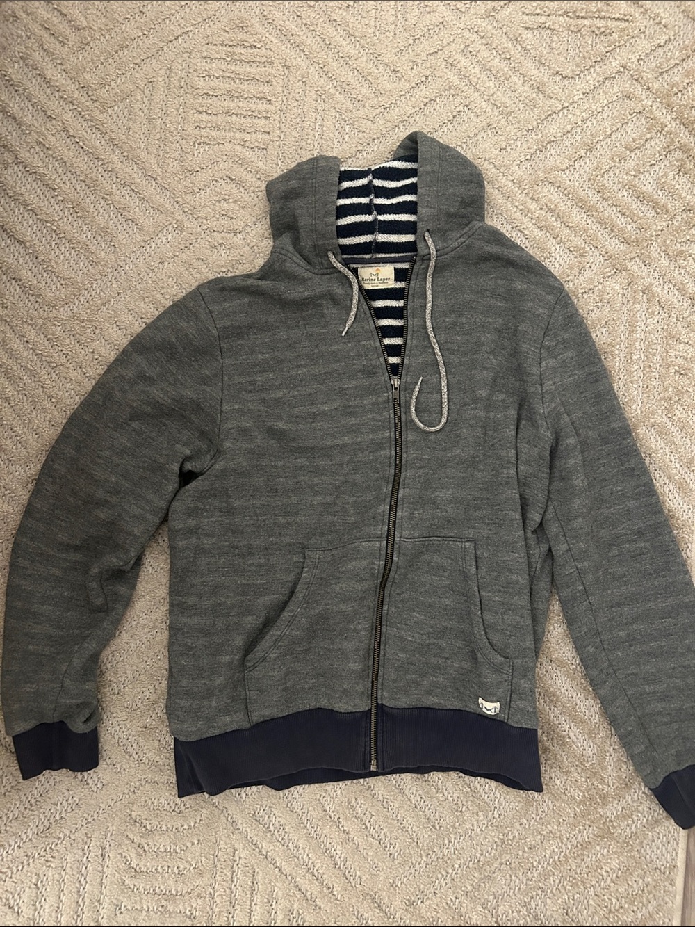 Marine Layer Men's Gray Zip-Up Hoodie with Navy Trim